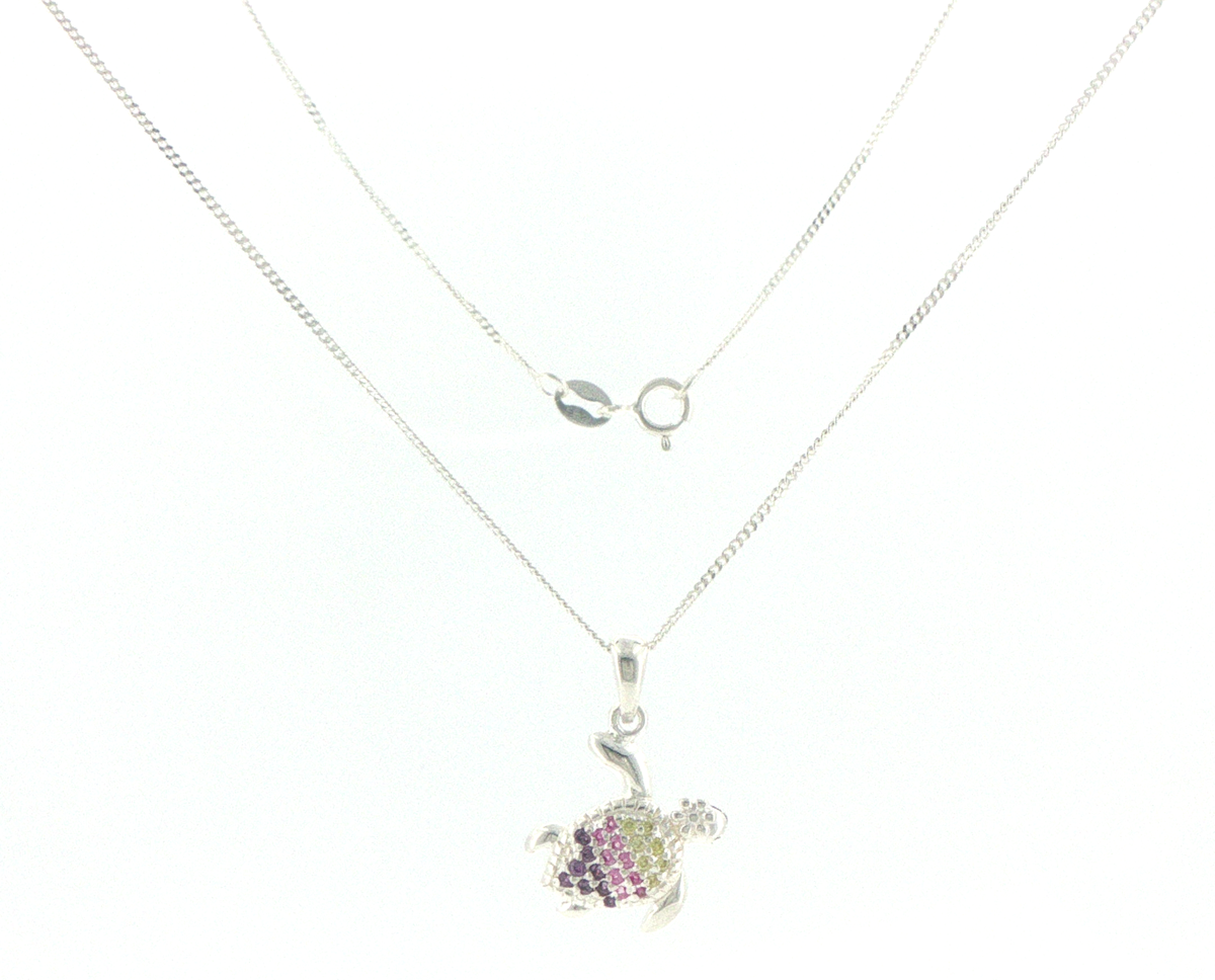 Silver 925 Multi-Color Stone Turtle Charm Necklace