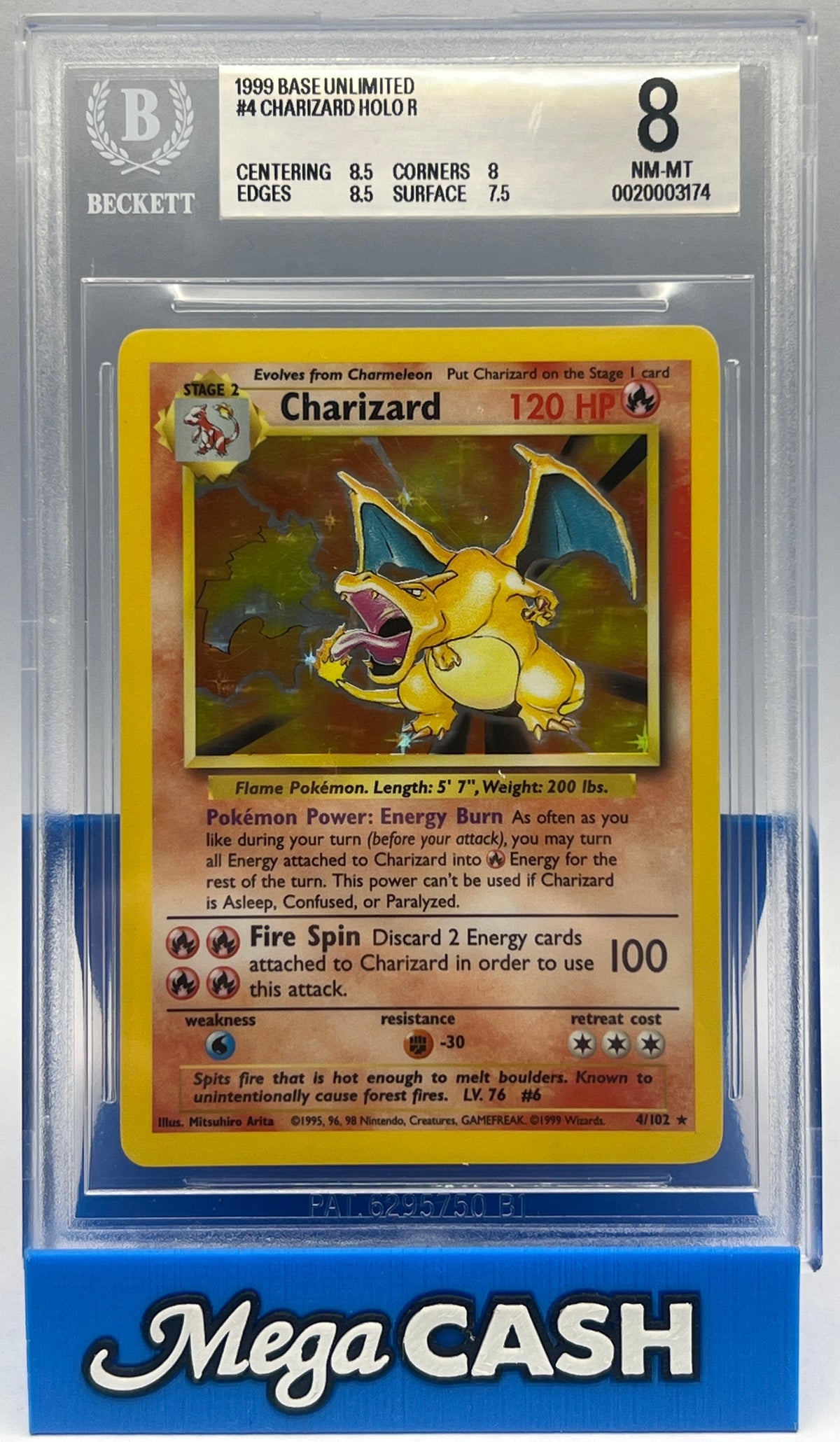 Pokémon - BGS 8 Charizard Holo 4/102 Base Set Unlimited