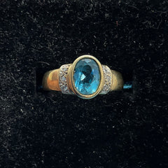 Ladies 9ct With Blue Stone & Diamond Stone Solid Gold Ring Size 5.75 / Size L/ 12-52