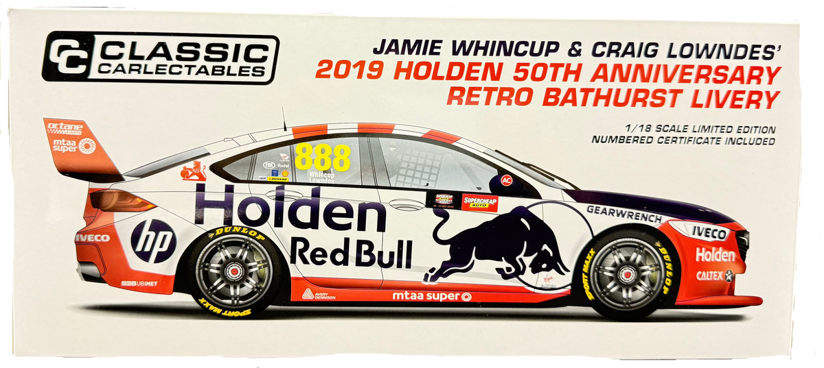 Classic Carlectables Jamie Whincup & Craig Lowndes 2019 Holden 50th Anniversary Retro Bathurst Livery - 1/18 Scale Limited With Certificate