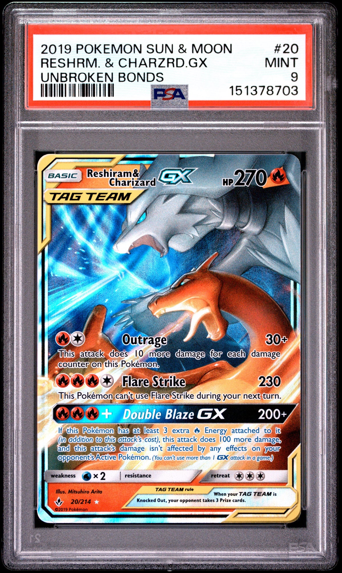 Pokémon - PSA 9 Reshiram & Charizard GX 20/214 Unbroken Bonds