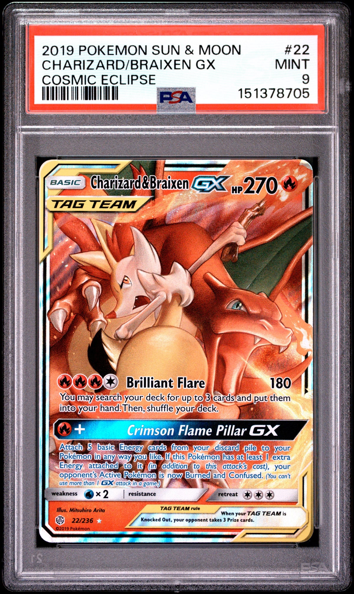 Pokémon - PSA 9 Charizard & Braixen Gx 22/236 Cosmic Eclipse