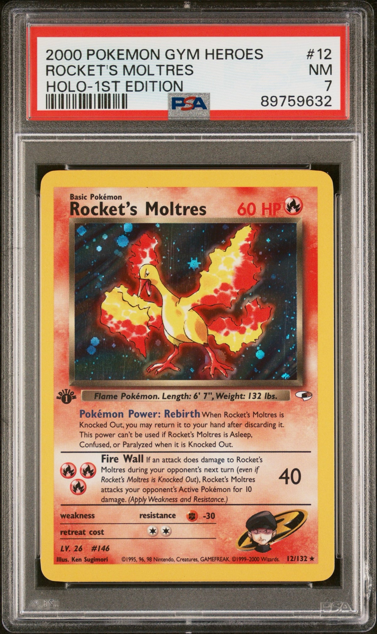 Pokemon - PSA 7 Rocket’s Moltres 12/132 Holo 1st Edition Gym Heroes