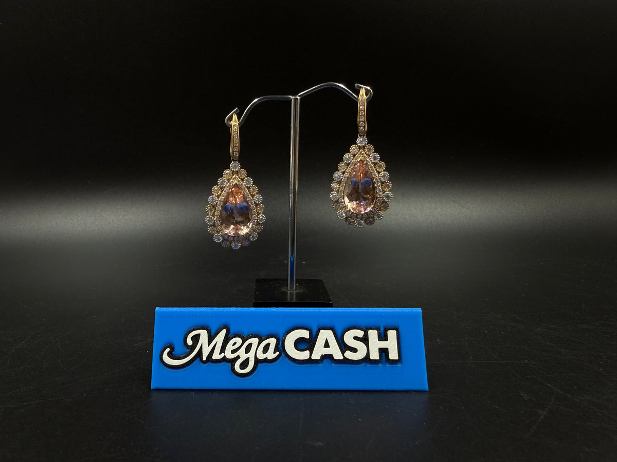 18ct Diamond & Morganite Teardrop Earrings 13.6gms