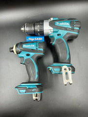 Makita drill driver combo set with x2 4.0ah batteries, charger, grip handle and hard case.