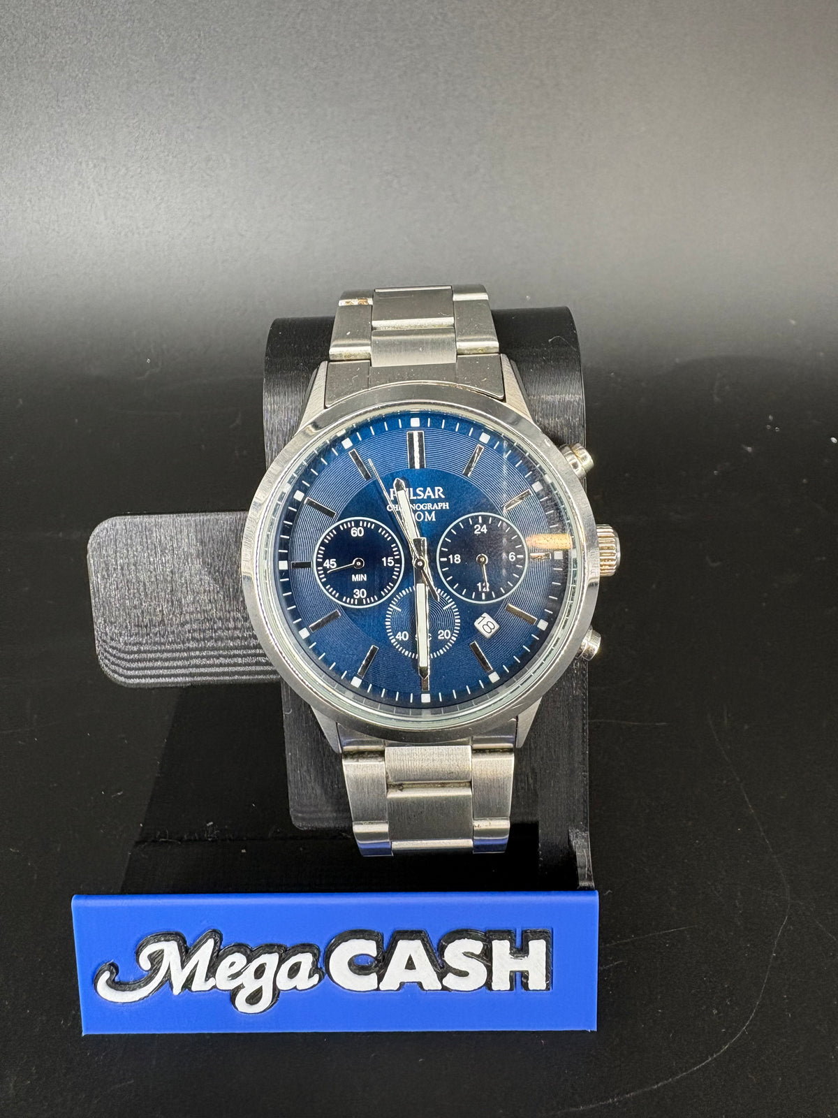 MENS PULSAR BLUE DIAL CHRONOGRAPH JAPAN MOVEMENT QUARTZ VD53-X220 WATCH - WITH INGRAVING ON BACK