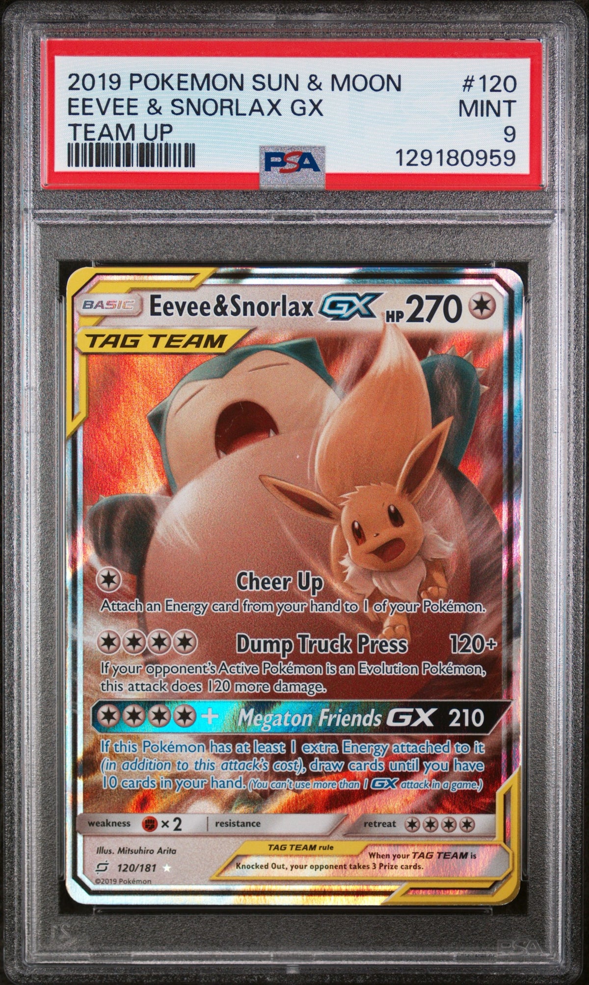 Pokémon - PSA 9 Eevee & Snorlax GX 120/181 Team Up
