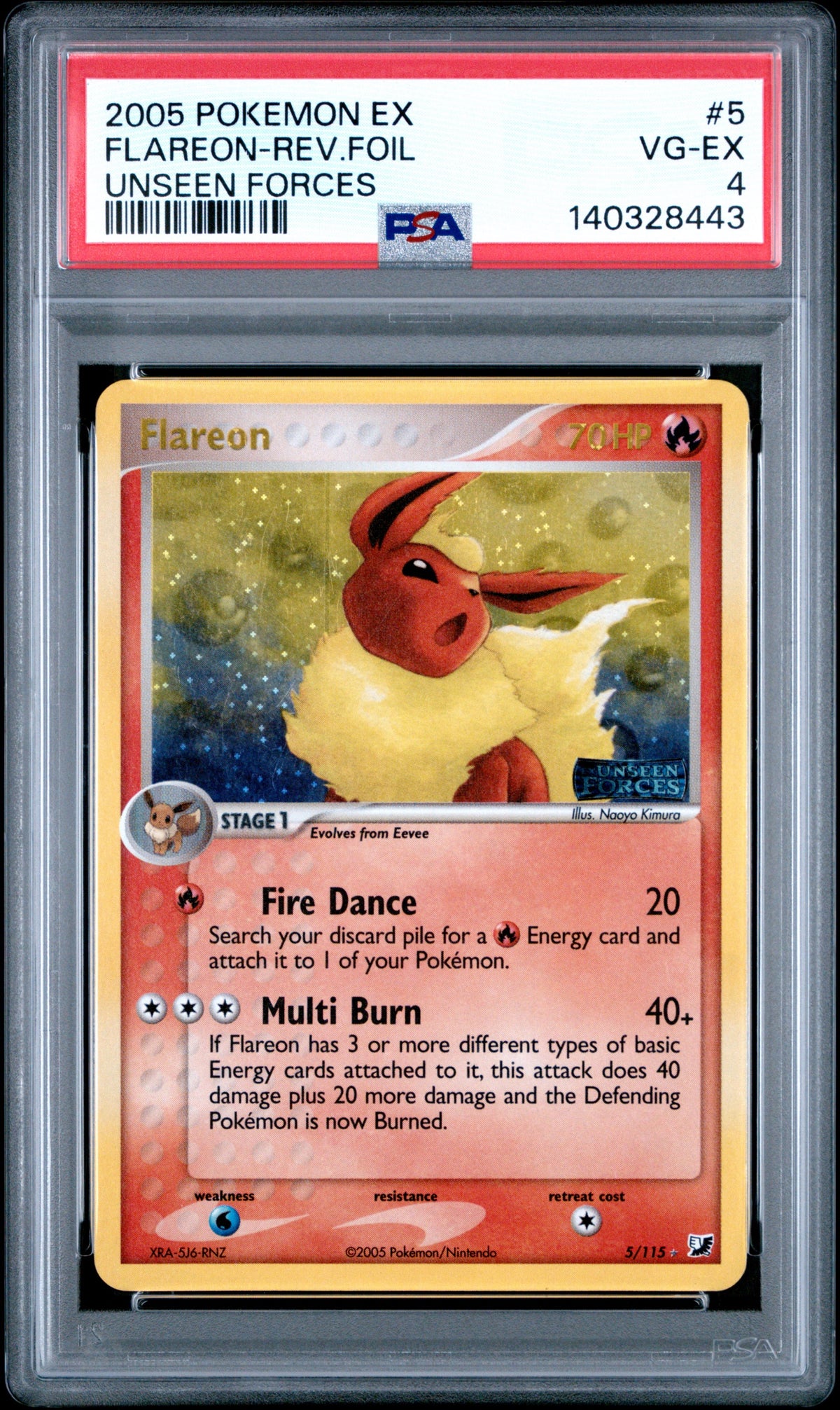 Pokémon - PSA 4 Flareon 5/115 Rev Holo Ex Unseen Forces Stamp