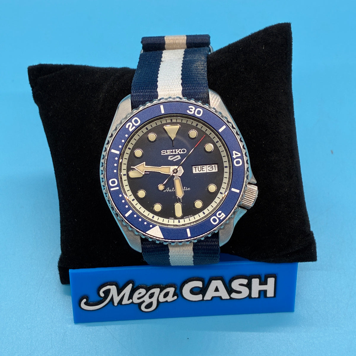 SEIKO 5 MENS AUTOMATIC MOVEMENT WATCH - TWO-TONE STRIPE CLOTH STRAP - 4R36-07G0