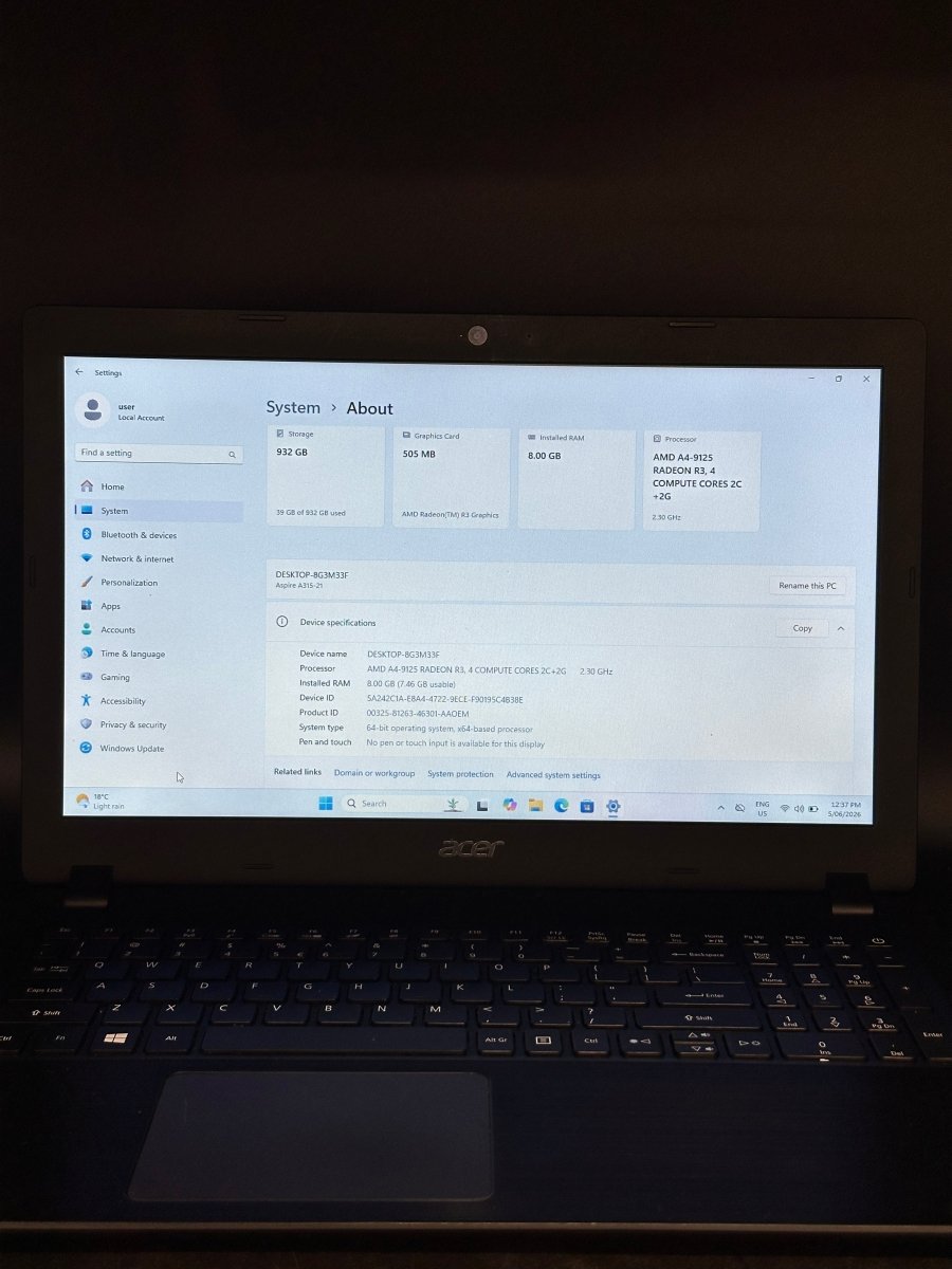 Acer Aspire A315 - 21 - AMD 4 - 9125 Radeon R3 - 1TB HDD - 8GB Ram - Windows 11 - Mega Cash Sydney