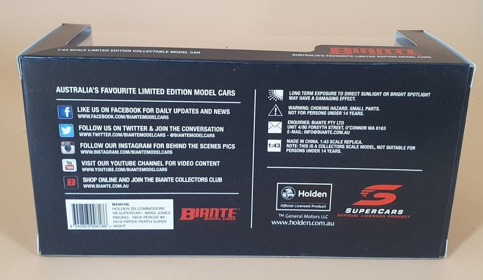 Biante 1/43 Holden ZB Commodore Supercar - Brad Jones Racing 8 - Driver: Nick Percat - 2019 Pirtek Perth Super Night - Holden Genuine Parts livery - Mega Cash Sydney