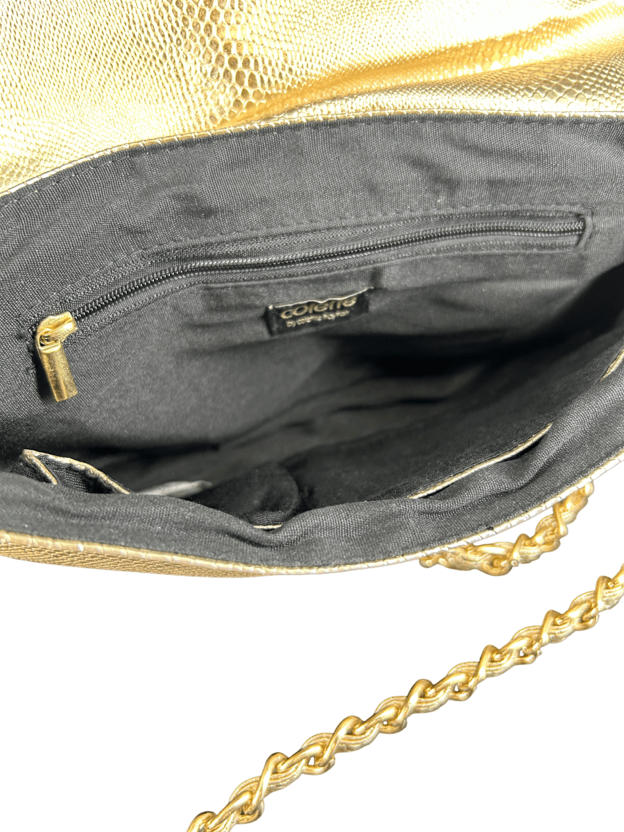 Collette gold alligator patterned clutch with cross body strap - Mega Cash Sydney