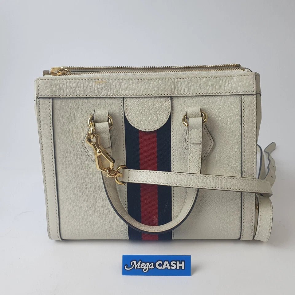 Gucci White Leather Small Ophidia Web Top Handle Tote - Mega Cash Sydney