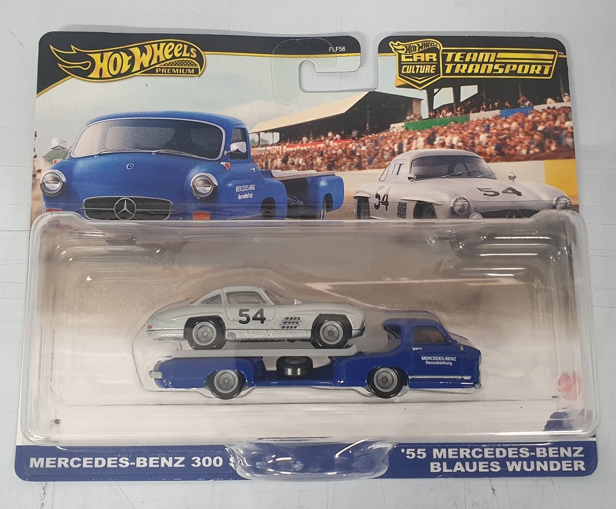 Hot Wheels Team Transport ­Culture Mercedes‑Benz 300 ­SL & “Blaue Wunder” ­Flatbed Truck, 1:64 ­Die‑Cast - Mega Cash Sydney