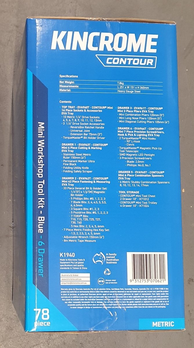 KINCROME - 10" 6 Drawer Contour Mini Workshop Tool Kit Blue - 78 Piece - K1940 - Mega Cash Sydney