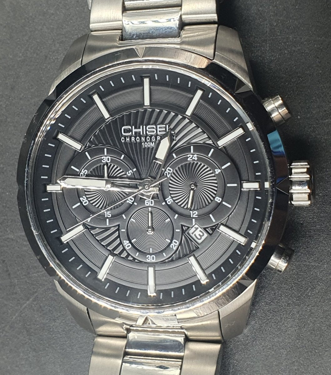 MENS CHISEL WATCH - 50.0GMS - SILVER STAINLESS STEEL BAND - CHRONOGRAPH - Mega Cash Sydney