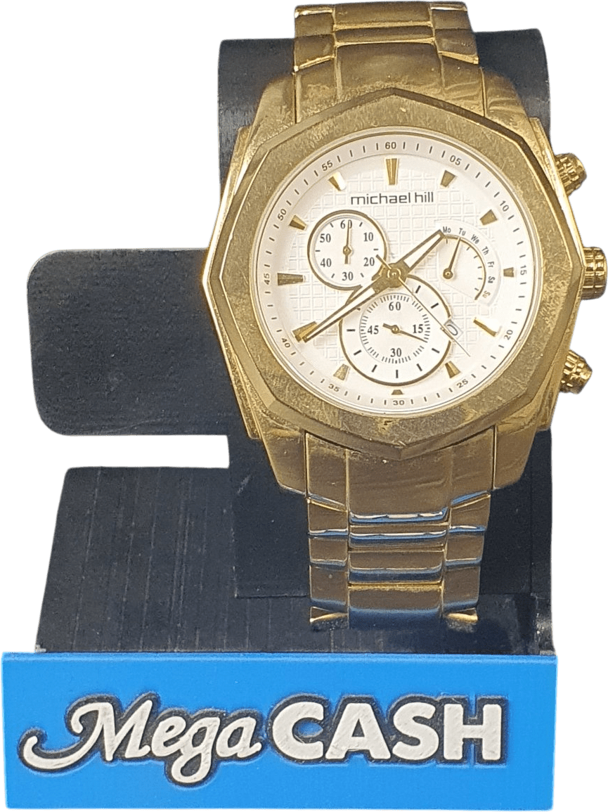 MENS - MICHAEL HILL - ANALOGUE WATCH - 9278 - GOLD METAL BAND - Mega Cash Sydney