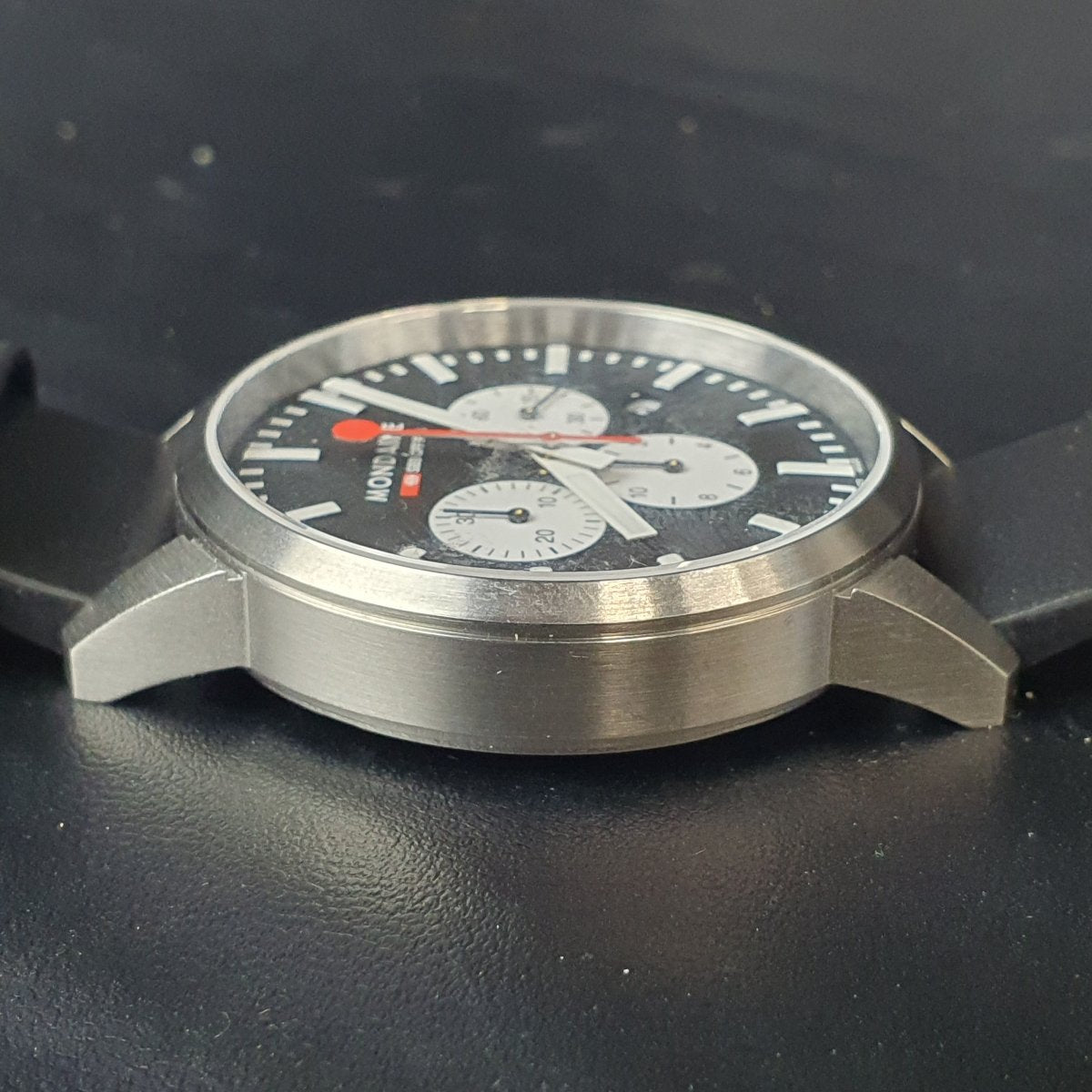 MENS - MONDAINE WATCH - NEO MSD.4120.LBV - BLACK LEATHER BAND - ANALOGUE - WITH BOX TAGS AND PAPERS - Mega Cash Sydney