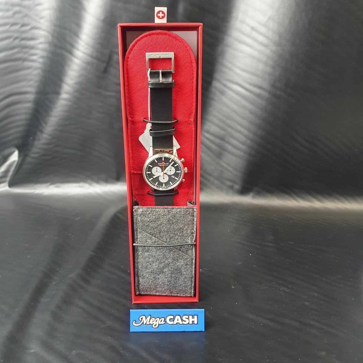 MENS - MONDAINE WATCH - NEO MSD.4120.LBV - BLACK LEATHER BAND - ANALOGUE - WITH BOX TAGS AND PAPERS - Mega Cash Sydney
