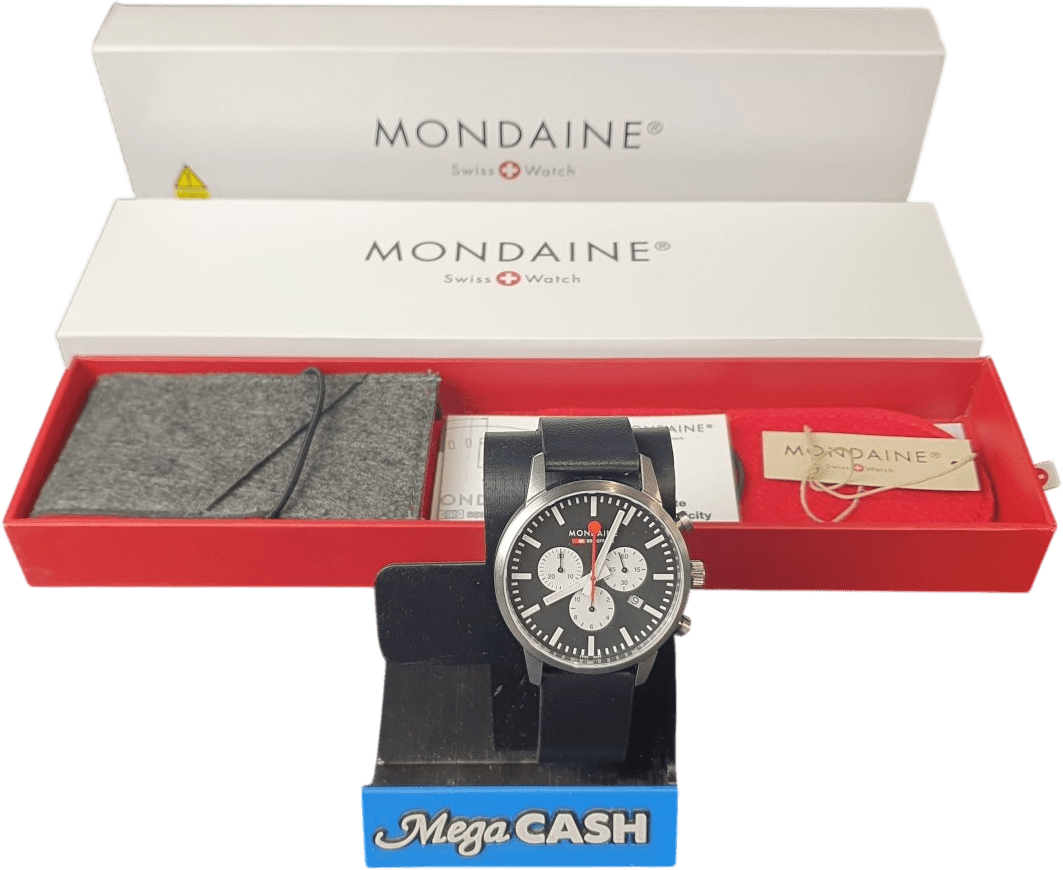MENS - MONDAINE WATCH - NEO MSD.4120.LBV - BLACK LEATHER BAND - ANALOGUE - WITH BOX TAGS AND PAPERS - Mega Cash Sydney