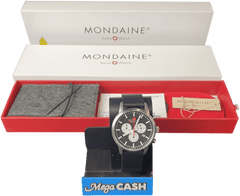 MENS - MONDAINE WATCH - NEO MSD.4120.LBV - BLACK LEATHER BAND - ANALOGUE - WITH BOX TAGS AND PAPERS - Mega Cash Sydney
