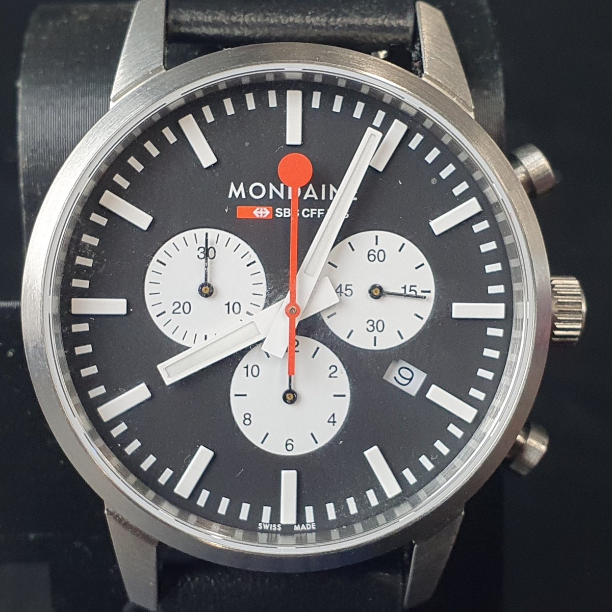 MENS - MONDAINE WATCH - NEO MSD.4120.LBV - BLACK LEATHER BAND - ANALOGUE - WITH BOX TAGS AND PAPERS - Mega Cash Sydney