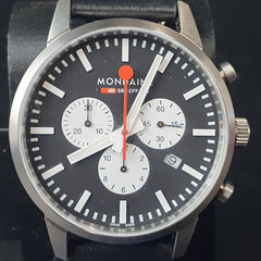 MENS - MONDAINE WATCH - NEO MSD.4120.LBV - BLACK LEATHER BAND - ANALOGUE - WITH BOX TAGS AND PAPERS - Mega Cash Sydney
