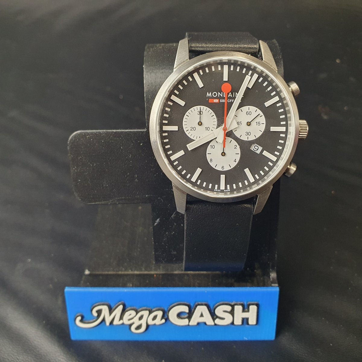 MENS - MONDAINE WATCH - NEO MSD.4120.LBV - BLACK LEATHER BAND - ANALOGUE - WITH BOX TAGS AND PAPERS - Mega Cash Sydney