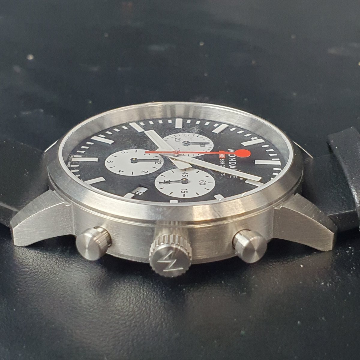 MENS - MONDAINE WATCH - NEO MSD.4120.LBV - BLACK LEATHER BAND - ANALOGUE - WITH BOX TAGS AND PAPERS - Mega Cash Sydney