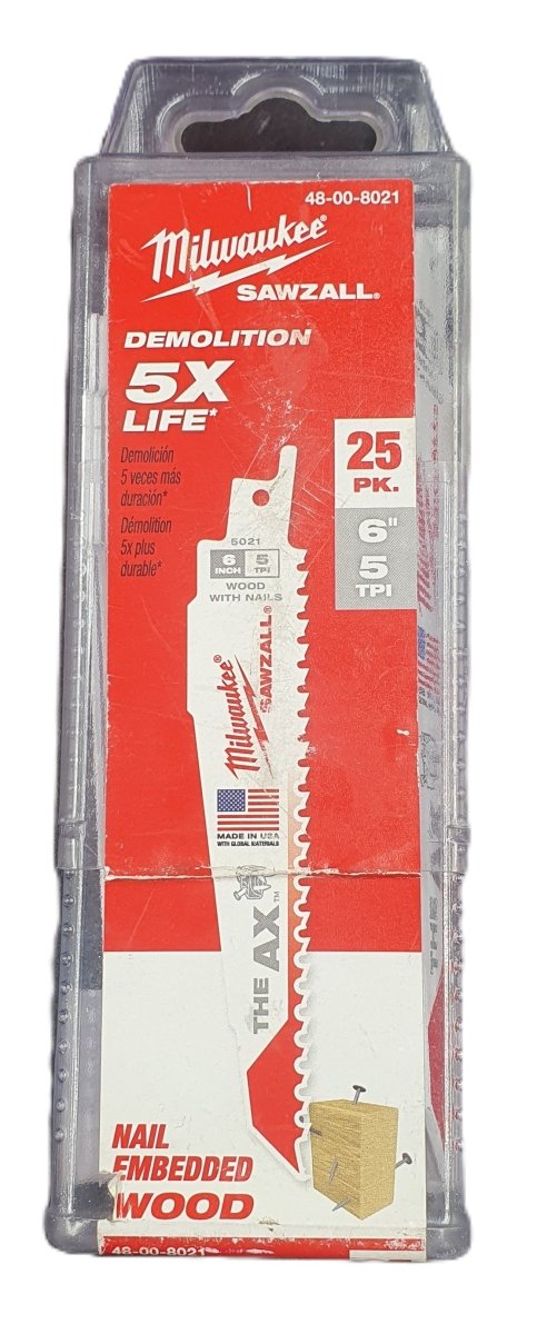 MILWAUKEE - 48-00-8021 - 6" 5 TPI AX™ SAWZALL® Blade for Wood with Nails (25 PK) - Mega Cash Sydney