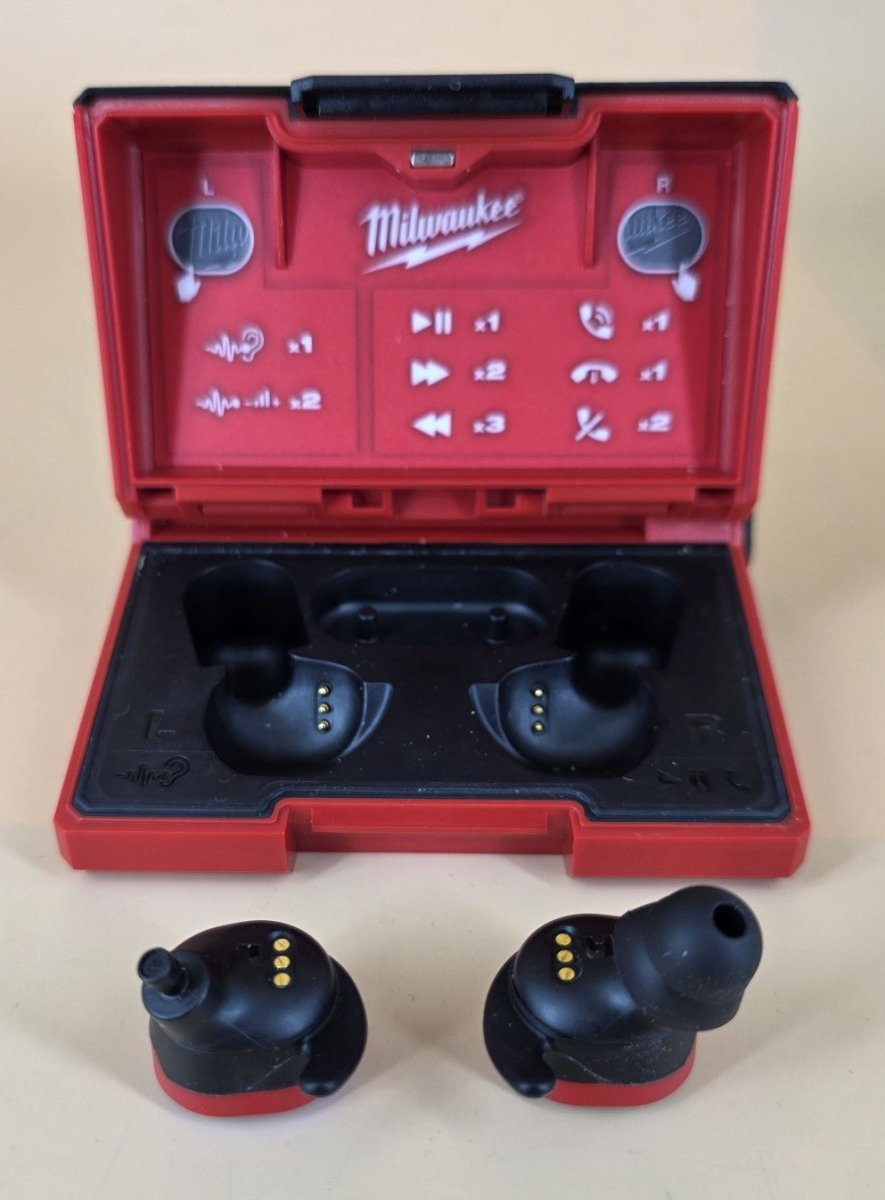 Milwaukee Bluetooth Earbuds L4 RLEPB in Case- In Excellent Condition- 1 Missing Bud Tips - No Extra Bud Tips - Mega Cash Sydney