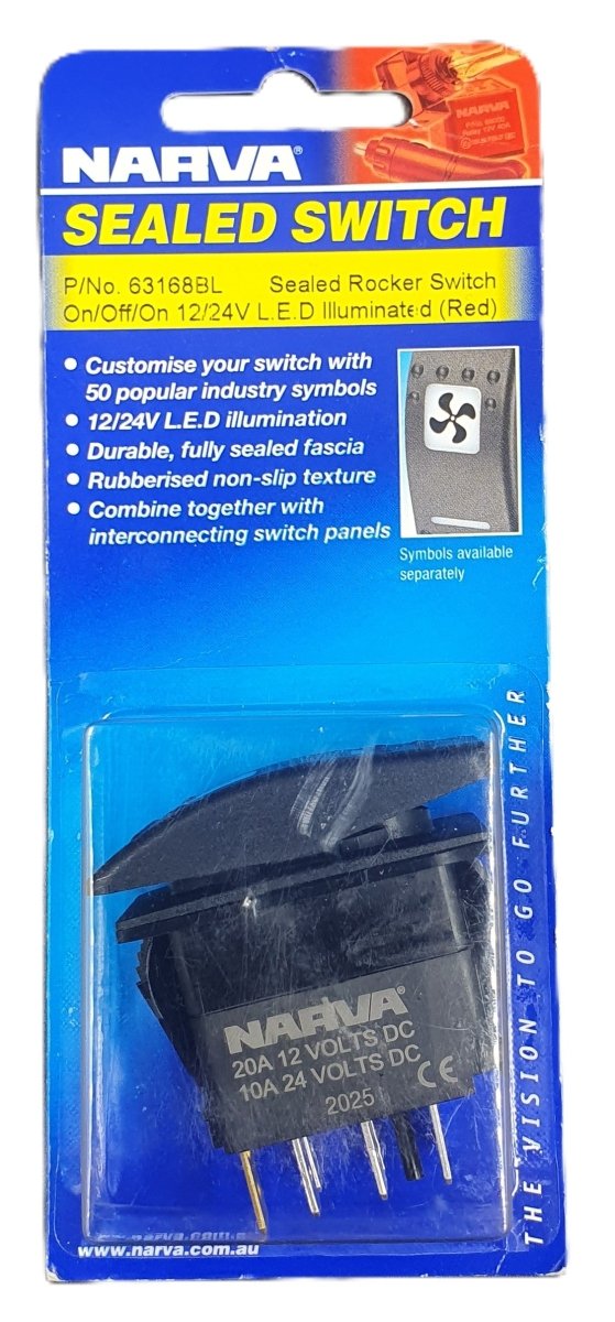 NARVA - 12/24V On/Off/On LED Illuminated Sealed Rocker Switch (Red) - Mega Cash Sydney
