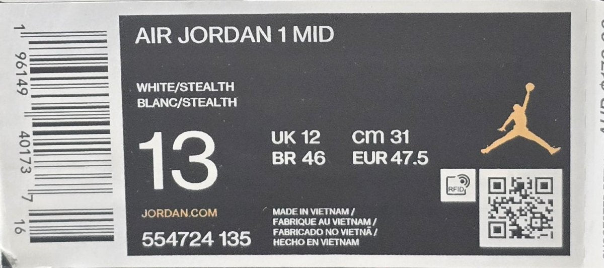 NIKE - Air Jordan 1 Mid - White / Stealth - Size US 13 - Mega Cash Sydney