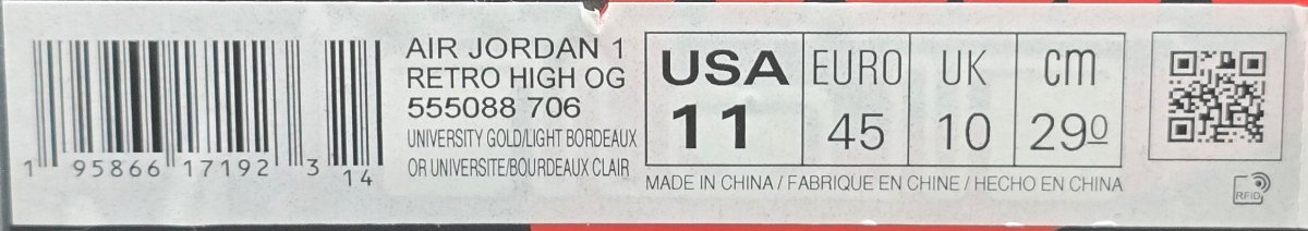 NIKE - Air Jordan 1 Retro High OG - University Gold / Light Bordeaux - Size US 11 - Mega Cash Sydney