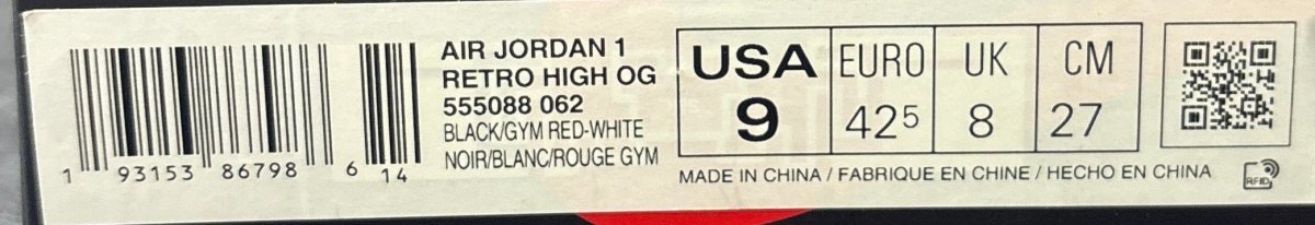 NIKE - Air Jordan 1 Retro High Tops - White, Red and Black Laces - Size 9 US Men’s - Mega Cash Sydney