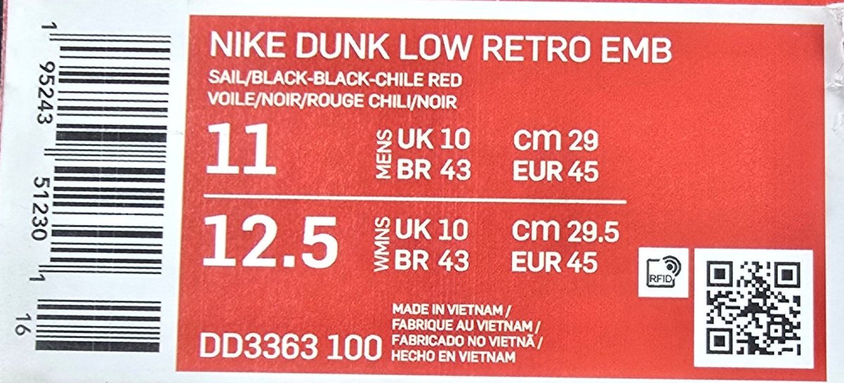 NIKE - Dunk Low Retro EMB - Sail / Black-Black-Chile Red - Size US 11 - Mega Cash Sydney
