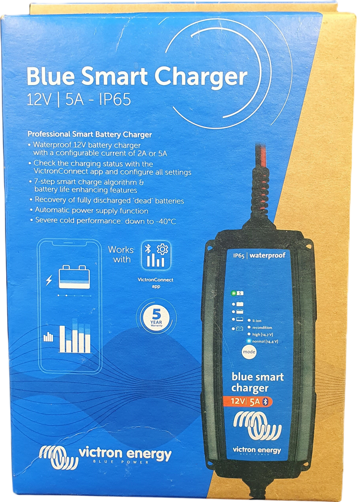 Victron Energy - Blue Smart IP65s SLA/LiFePO4 Charger 12V 5A + Alligator Clips & M8 Eyelets - BPC120533014R