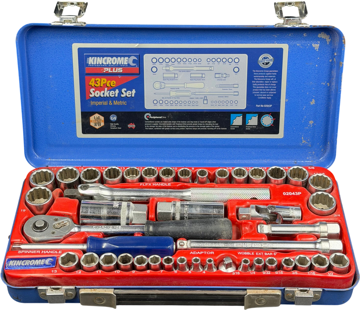 Kincrome 43pce Socket Set Imperial and Metrix 1/4 & 3/8 SQ Drive