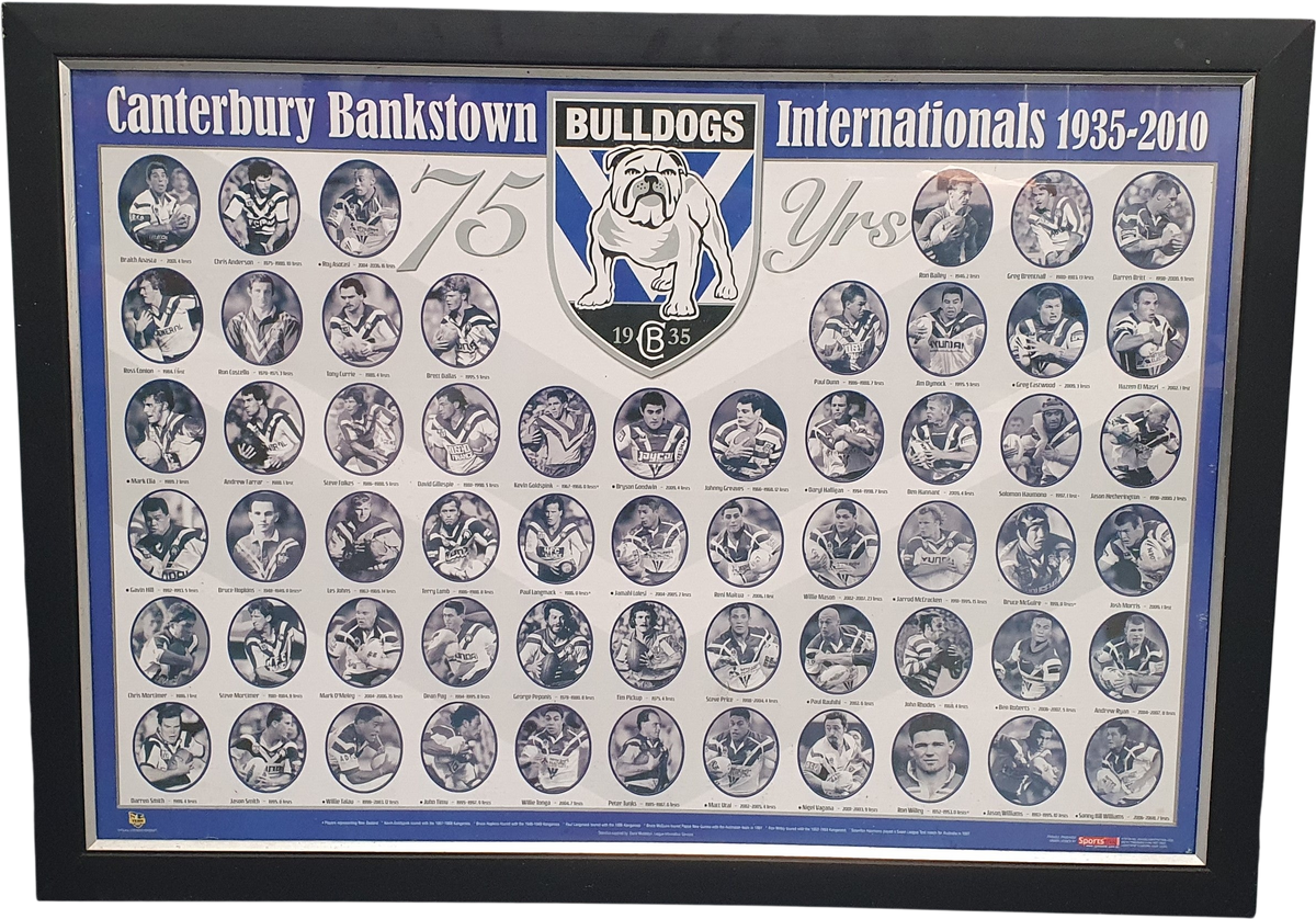 Canterbury BULLDOGS - FRAMED MEMORABILIA - 75 YEARS Internationals - 1935 to 2010
