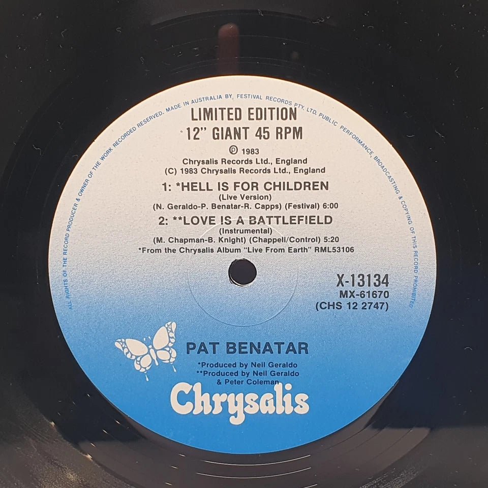 PAT BENATAR - "Love is a Battlefield" - SINGLE RECORD 12" - Chrysalis – X 13134 - Mega Cash Sydney