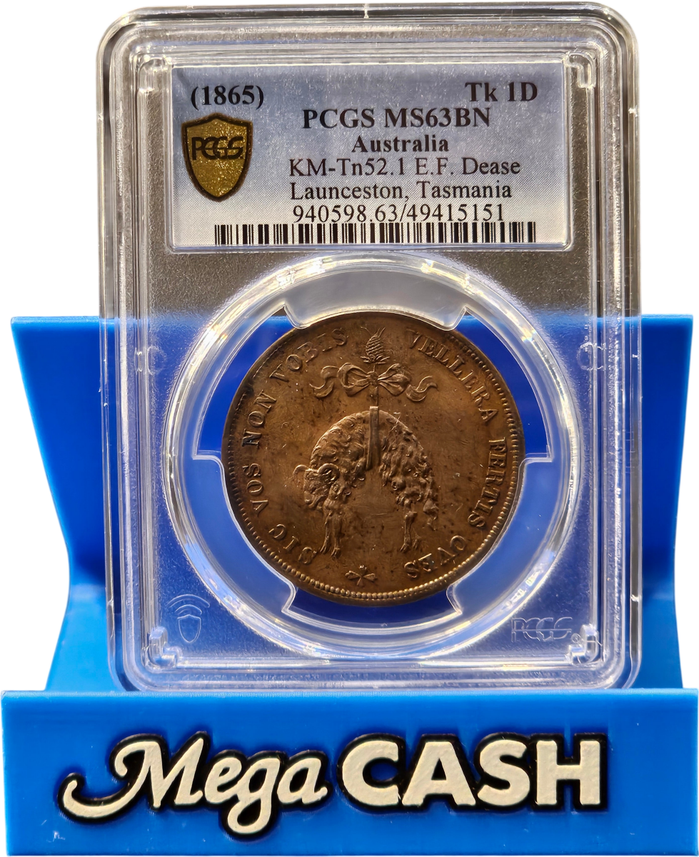 PCGS MS63BN 1865 - 1 Penny - E.F. Dease Launceston; Tasmania - Mega Cash Sydney
