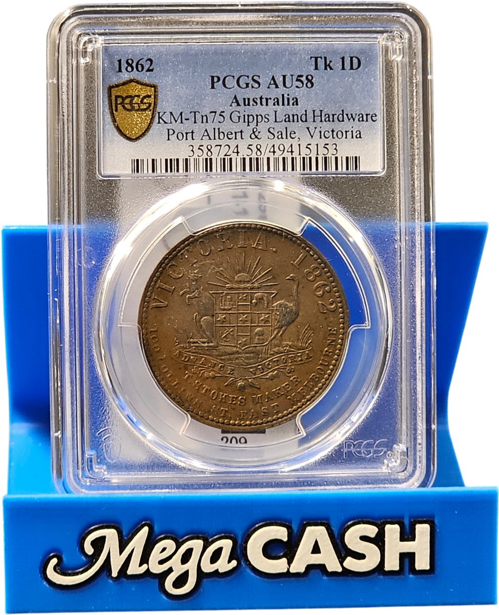 PGCS AU58 Graded 1862 - Gipps land Hardware 1d 1862. Port Albert & Sale Vic. - Mega Cash Sydney