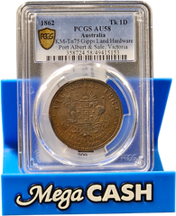 PGCS AU58 Graded 1862 - Gipps land Hardware 1d 1862. Port Albert & Sale Vic. - Mega Cash Sydney