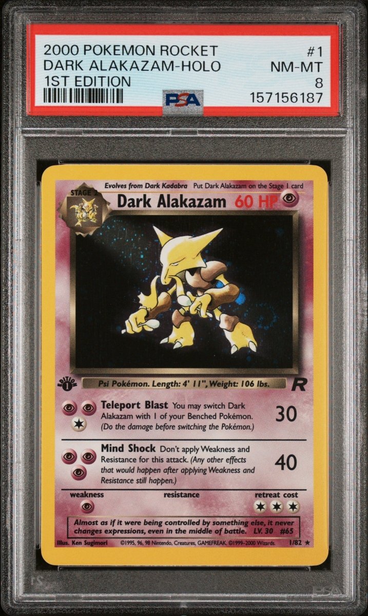 Pokémon - PSA 8 Dark Alakazam Holo 1/82 1ST Edition Rocket - Mega Cash Sydney