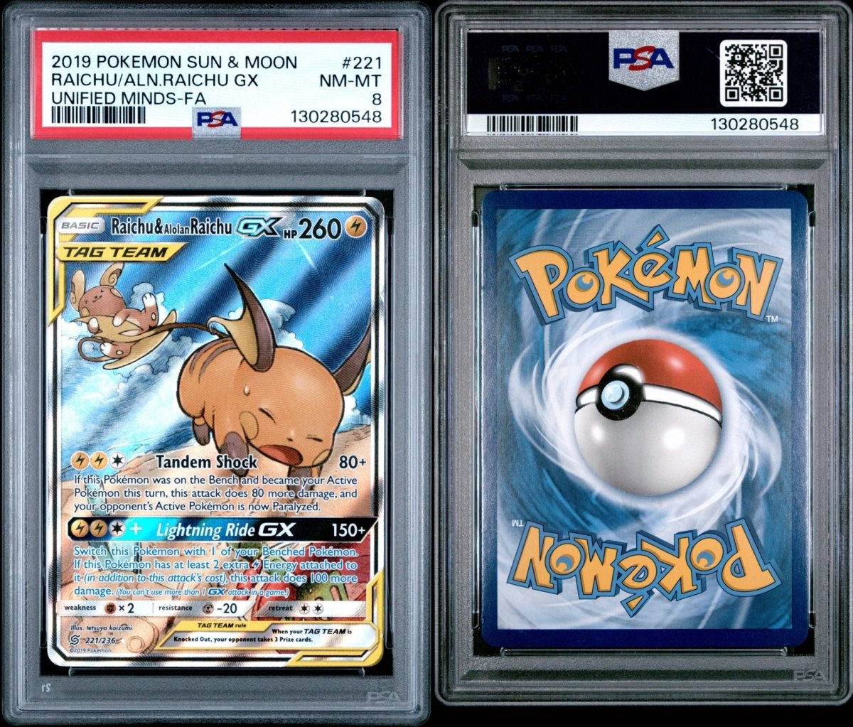 Pokémon - PSA 8 - Raichu & Alolan Raichu GX 221/236 - Unified Minds - Mega Cash Sydney