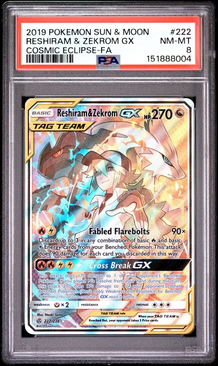 Pokémon - PSA 8 Reshiram & Zekrom GX 222/236 Cosmic Eclipse - Mega Cash Sydney