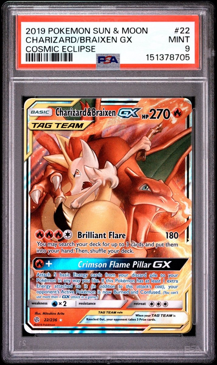 Pokémon - PSA 9 Charizard & Braixen Gx 22/236 Cosmic Eclipse - Mega Cash Sydney