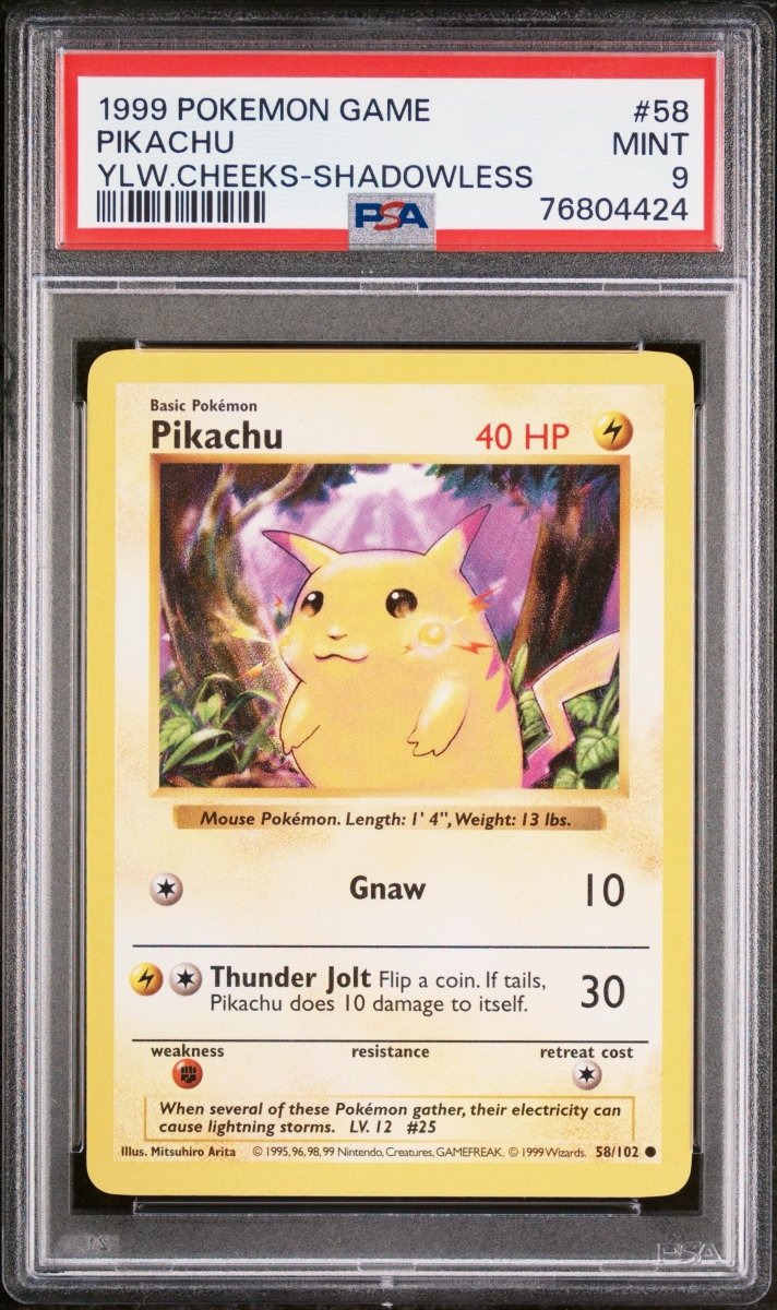Pokémon - PSA 9 Pikachu Yellow Cheeks Shadowless 58/102 - Mega Cash Sydney