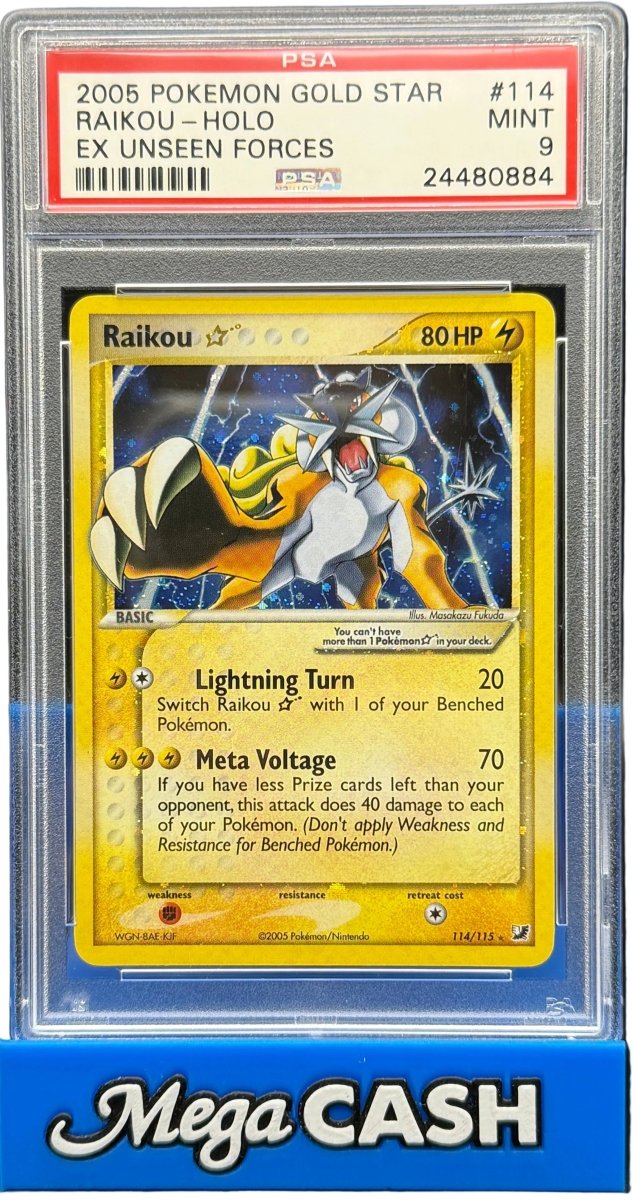 Pokémon - Raikou Holo GOLD STAR 114/115 PSA 9 - Unseen Forces - Mega Cash Sydney