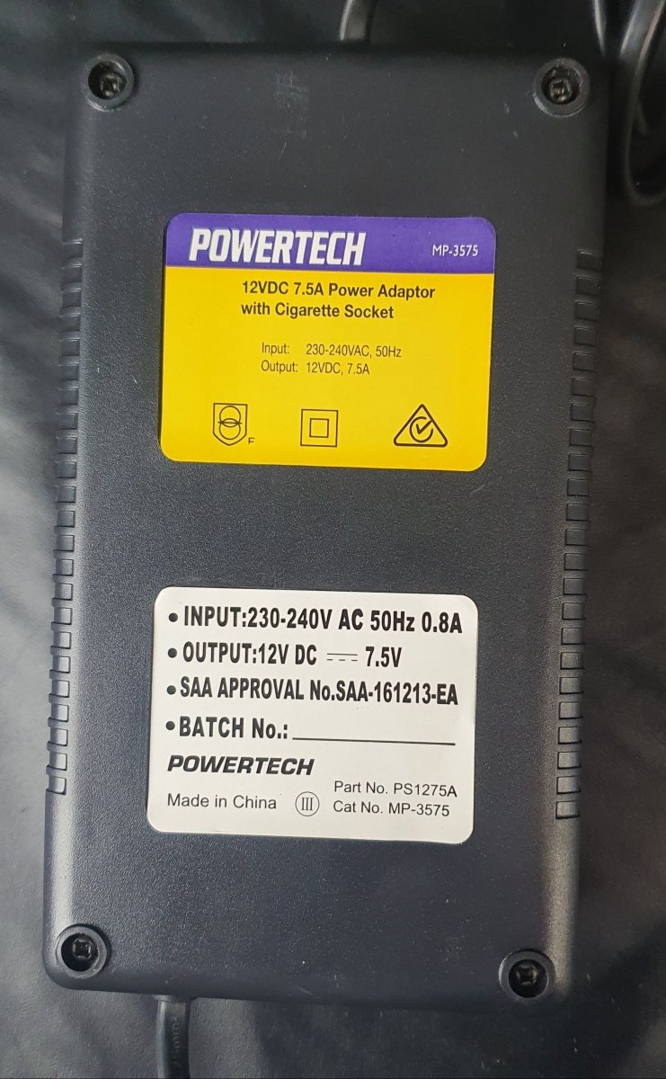 Powertech - MP3575 - Regulated Switchmode Power Supply 100-240VAC to 12VDC 7.5A with Cigarette Socket - Mega Cash Sydney